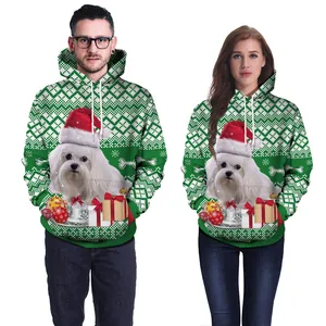 Sweat à capuche vert de Noël avec imprimé chien 3D et motifs de flocons de neige