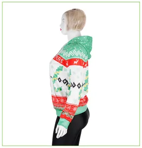 Detail of Christmas 3D print hoodie showing festive reindeer patterns and ribbed cuffs