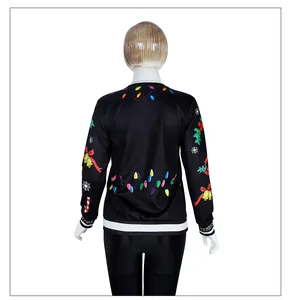 Detailed back view of Christmas reindeer sweatshirt with festive prints and striped cuffs