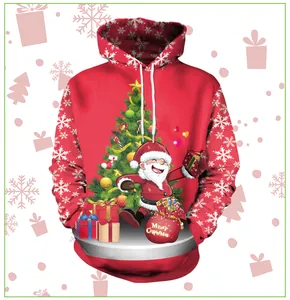 Détail de l'imprimé 3D festif avec le Père Noël et sapin sur le sweat à capuche