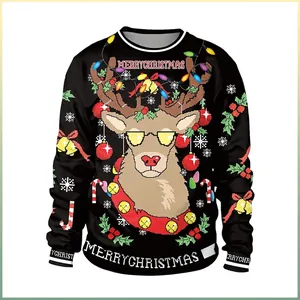 Women's Casual Long Sleeve Sweatshirt With Christmas Reindeer Digital Print Round Neck Pullover Holiday Party Black Top