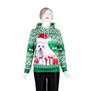 Sweat à capuche Noël vert imprimé chien 3D avec flocons et poche kangourou