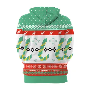 Back view of 3D Christmas hoodie with green reindeer and snowflake festive patterns