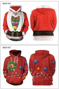 Front and back views of 3D Santa and reindeer printed Christmas hoodies for women
