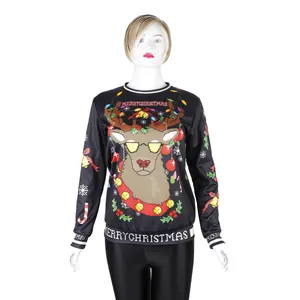 Black Christmas sweatshirt with reindeer print and Merry Christmas striped hem ribbing
