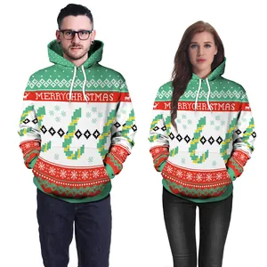 2024 Christmas 3D digital print hoodie featuring reindeer and snowflakes motifs