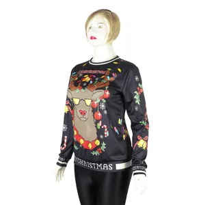 Black Christmas sweatshirt featuring pixel reindeer print and Merry Christmas striped trim