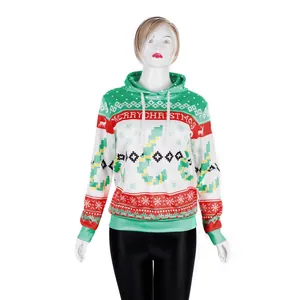 2024 Christmas hoodie with 3D digital print, Merry Christmas pattern and kangaroo pocket