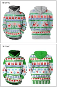 Detailed front and back views of Christmas hoodies with festive reindeer and snowflake prints