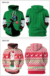Detailed front and back views of 3D Christmas digital print hoodies with reindeer and alpaca