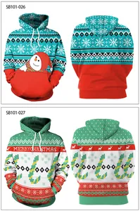 Front and back detail of Christmas hoodies featuring snowman and reindeer patterns