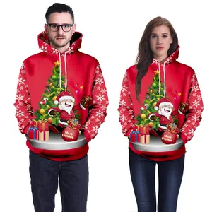 Sweat à capuche de Noël 3D pour couples avec motifs Père Noël et flocons