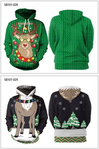 Flat lay showing details of two Christmas hoodies with reindeer prints and drawstring hoods