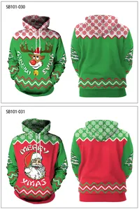Front and back detail view of Christmas hoodies with Santa and reindeer digital prints