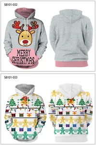 Front and back view of Christmas hoodies with festive reindeer and gingerbread patterns