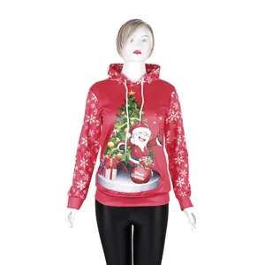 Sweat à capuche de Noël rouge imprimé 3D avec Père Noël et manches flocon de neige