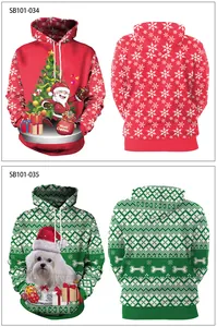 Front and back views of two 3D digital print Christmas hoodies with Santa and puppy designs