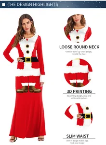 Detailed 3D Santa Claus costume print on long sleeve red Christmas dress for women