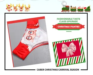 Detail of red Christmas panties featuring a cartoon Santa Claus print and elastic fabric