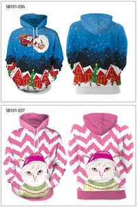 Front and back views of Christmas hoodies with pixel art and festive cat prints