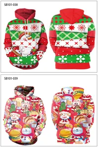 Front and back detail of Christmas snowman and cartoon print hoodies with hoods
