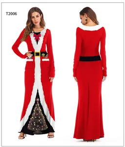 Detail view of women's long sleeve Christmas maxi dress with 3D Santa and tree print