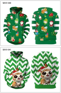 Front and back view of Christmas hoodies featuring Santa and festive cat prints