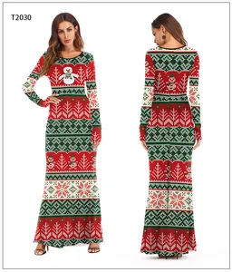 Front and back view of a slim fit Christmas dress with 3D Santa and snowflake prints