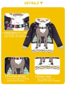 Detail view of Christmas hoodie featuring adjustable drawstring hood and reindeer print