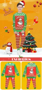 Detail of Christmas kids loungewear set with Santa print and knit-style patterns