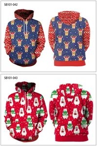 Detail of Christmas hoodies featuring reindeer and polar bear digital prints with drawstring