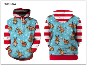 Detailed front and back view of a Christmas reindeer print hoodie with striped sleeves