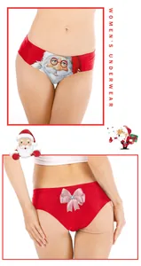 Detailed views of festive red Christmas bikini underwear with Santa print and pink bow