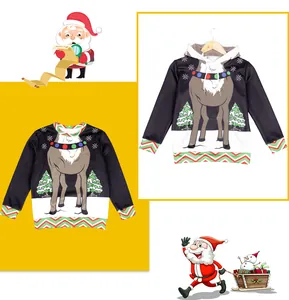 Detail of Christmas kids hoodie with 3D reindeer print and festive patterns on sleeves
