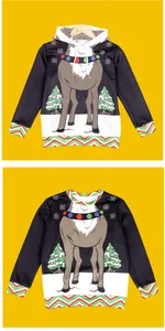 Detail of Christmas kids sweatshirts featuring 3D reindeer print and red wavy patterns