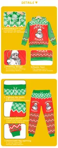 Detail of Christmas kids set showing hooded drawstring, elastic waist and digital prints