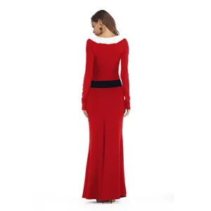 Women's long-sleeve Christmas maxi dress with 3D Santa print and white lace collar