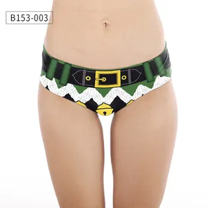 Detail of women's Christmas elf style printed panties with festive belt pattern design