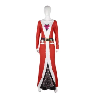 Women's 3D Santa Claus print maxi dress with Christmas tree and candy cane motifs