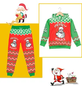 Detail of Christmas kids hoodie and joggers set with Merry Xmas Santa Claus prints