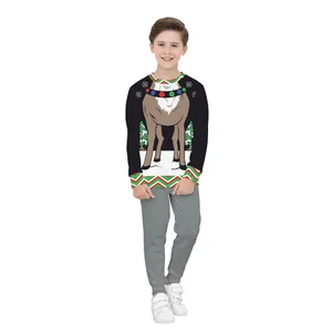 Kids Christmas Reindeer 3D Print Sweatshirt Hoodie Long Sleeve Polyester Pullover Festive Holiday Top For Boys Girls