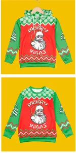 Detail of Christmas kids hoodie and sweatshirt with festive Santa and snowflake digital print