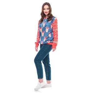 Women's festive Christmas hoodie with reindeer print and red sleeves in a loose casual fit