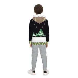Kids' Christmas hoodie set with 3D tree print, reindeer horns hood and grey pants