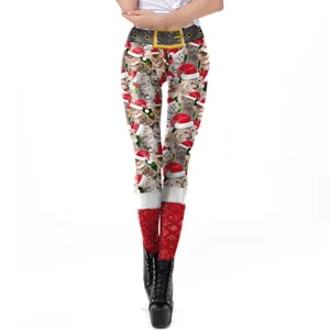 Kerstleggings voor dames met feestelijke kattenprints en rood veterschoen-ontwerp
