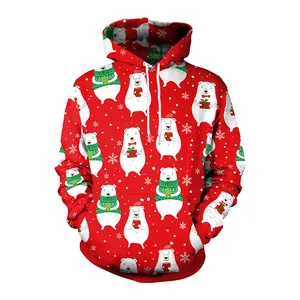 Christmas red hoodie for women with festive polar bear and snowflake digital prints
