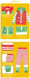 Detail view of Christmas elf outfit featuring striped sleeves and festive graphic hoodie
