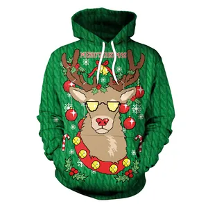 Christmas green hoodie with pixel reindeer and Merry Christmas 3D print design