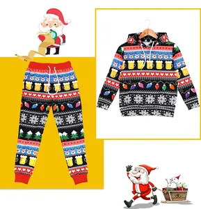 Detail of Christmas kids hoodie set featuring reindeer, snowflakes, and festive patterns