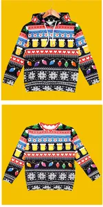 Close-up of Christmas hoodies featuring reindeer, snowflake, and festive light patterns